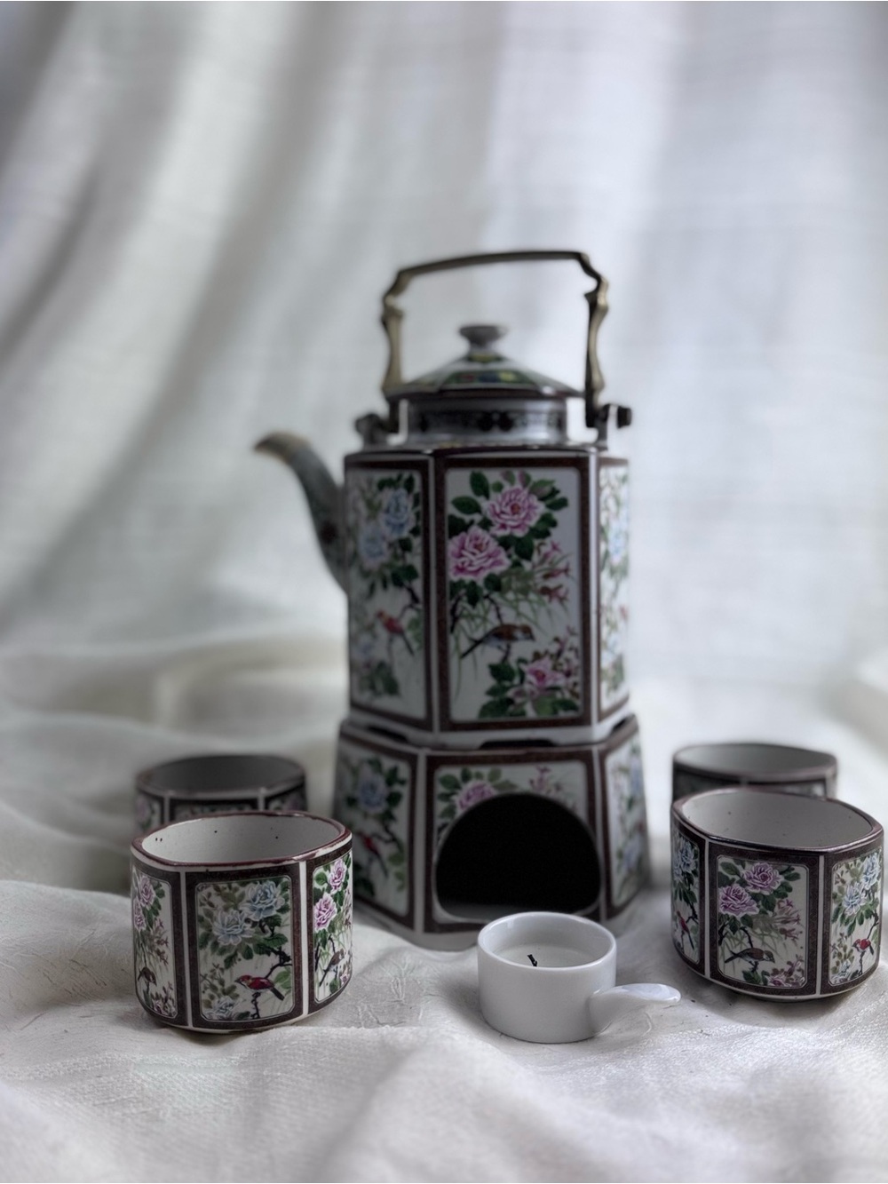 Vintage Andrea by Sadek Floral and Birds Motif Tea Set with 4 cups and warmer